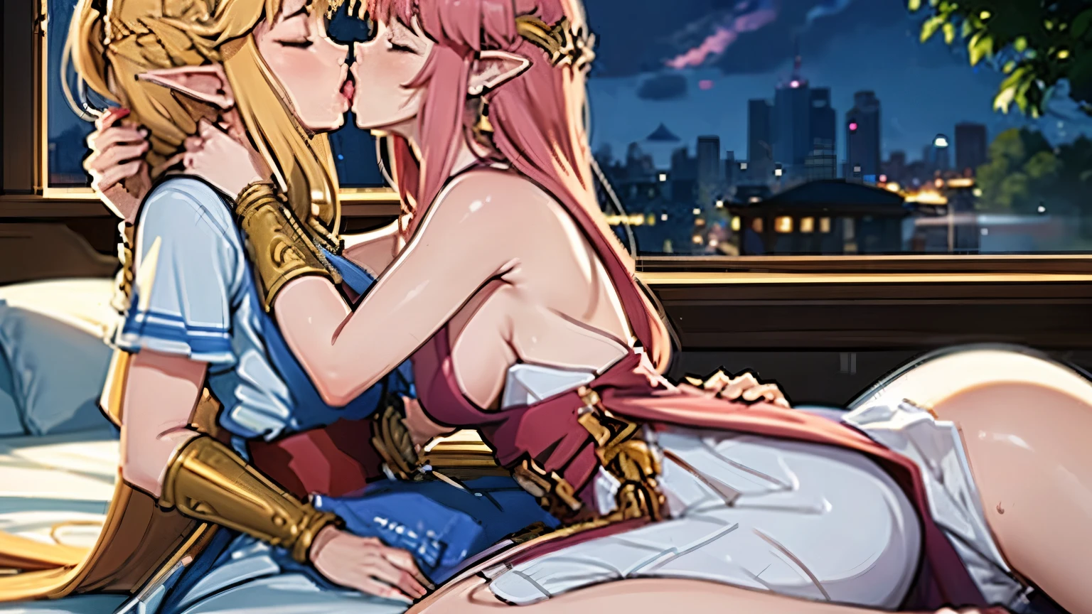 Masterpiece, stunning realistic, movie sex scene, best quality, Sharpness, 2 girls, princess zelda, lying on top of each other, kissing in bed, large breasts,, tongue kiss, closed eyes,full body (2girls, Zelda), short tight dress, sleeveless, cityscape, heavy rain,storm, dusk,dawn, twilight,sunset, full body, soaking wet, sensual body, closed eyes, (silhouette:1.2), wet ground, full scale portrait, total body, both faces kissing in frame