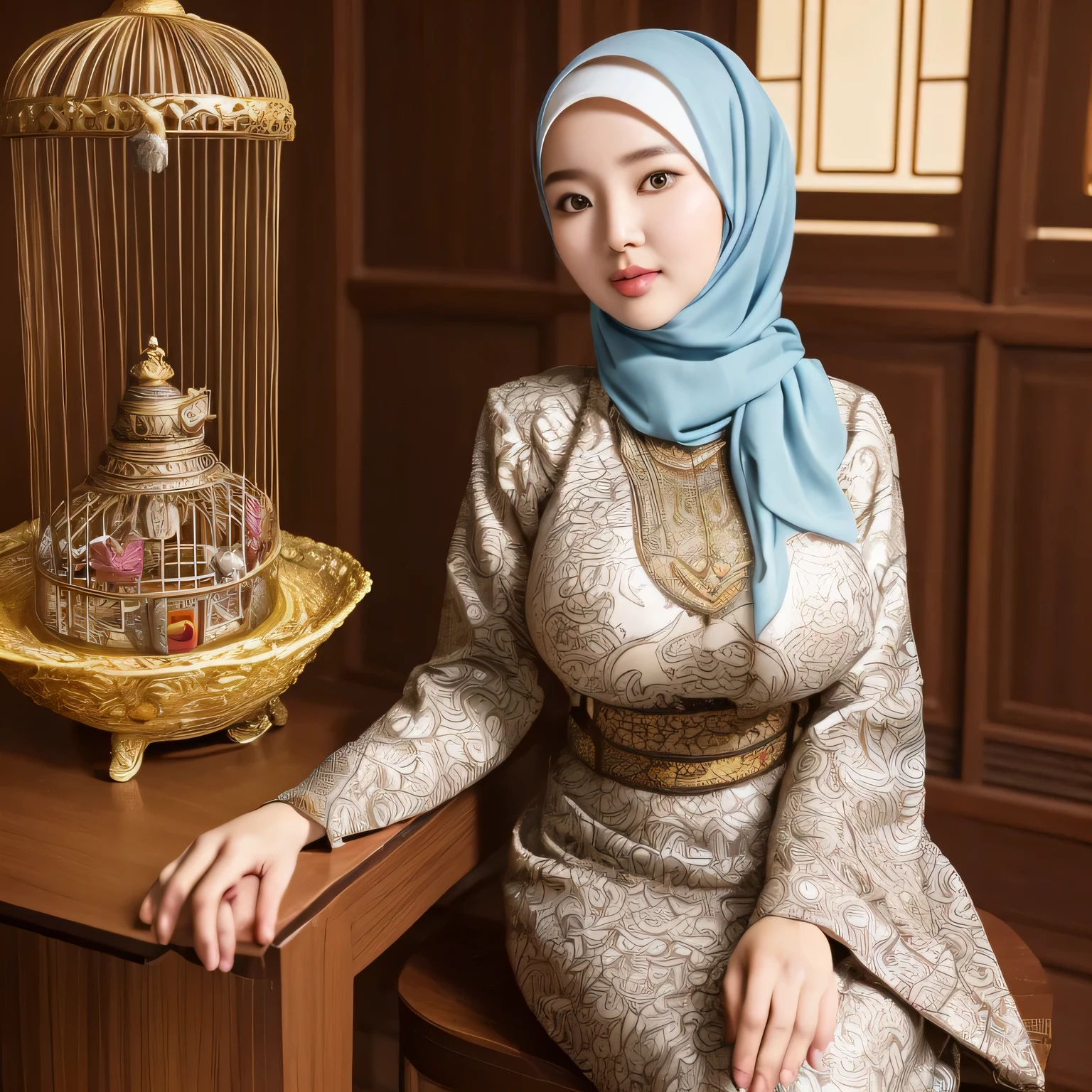 RAW, Best quality, high resolution, masterpiece: 1.3), beautiful Korean woman in hijab (iu:0.8)1beautiful Korean woman ,((big breast)),detail face,perfect yeyes, soft smile, sitting on a chair in a room with a bird cage, batik, traditional beauty, with beautiful exotic, very beautiful enga style, with lovely look, idian dress, style of ade santora, inspired by Sasha Putrya, inspired by Mym Tuma, inspired by Basuki Abdullah, wearing an ornate outfit, inspired by Shaddy Safadi