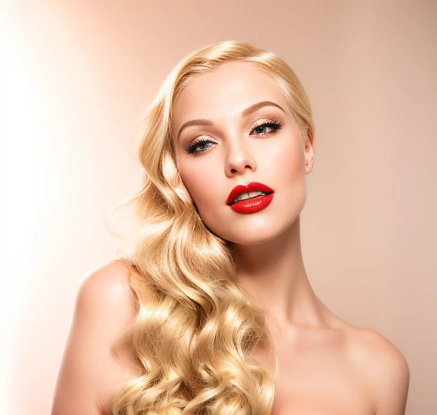 a close up of a woman with long blonde hair and red lipstick, blonde beautiful young woman, sexy red lips, thick red lips, beautiful blonde woman, sexy lips :5 stylish, young blonde woman, red lips, luscious red lips, blonde and attractive features, small and thick red lips, light-red lips, wide golden eyes and red lips, big red lips, biting lip