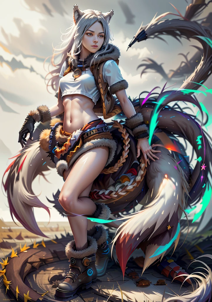 [best quality, shaded, extreme detail, highly detailed, ultra detailed, complex, realistic, perfect anatomy, full view], furry, wolf woman, fluffy fur and hair, colorful fur, fluffy tail, fur glove, fur vest , navel, short skirt, fur pencil skirt, fur tights, fur shoes,