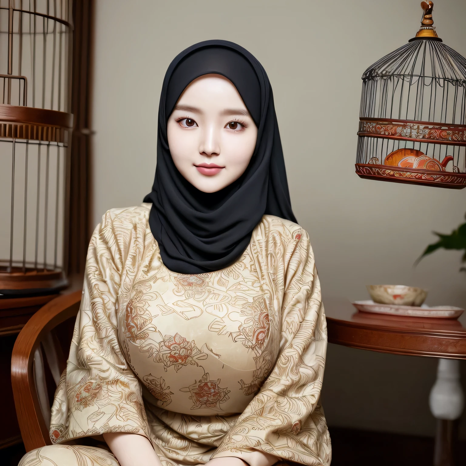 RAW, Best quality, high resolution, masterpiece: 1.3), beautiful Korean woman in hijab (iu:0.8)1beautiful Korean woman ,((big breast)),detail face,perfect yeyes, soft smile, sitting on a chair in a room with a bird cage, batik, traditional beauty, with beautiful exotic, very beautiful enga style, with lovely look, idian dress, style of ade santora, inspired by Sasha Putrya, inspired by Mym Tuma, inspired by Basuki Abdullah, wearing an ornate outfit, inspired by Shaddy Safadi
