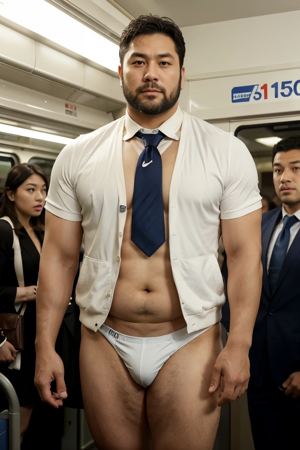 A stocky chubby Japanese man in his 40s, a former rugby player with a short beard and wearing a suit jacket and tie, standing in a crowded train with only white competitive swim suits underneath
spread legs a part white open