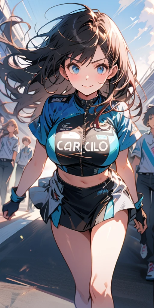 Ultra-high resolution, 1 Girl, 18 years old, (Idols:1.4), (Famous actresses :1.4), (Beautiful detailed face:1), Bangs, (Multicolor floating hair), Skin Dentition, Light makeup, (Beautiful big breasts:1.3), (Sparkling Skin:1.1), Shiny skin, Long limbs, Slim, Hanging breasts:1.3, Narrow waist, Medium Hips, Slim legs, Slim太もも, Dynamic Lighting, Sexually suggestive faces, Glossy texture, Lipstick, V-shaped eyebrows, V Line Jaw, Looking at the Viewer, (Long Hair:1.3), (Perfect Face:1.4), ((Strong winds)), Flowing hair, audience, (A shy smile:1.3), blue sky, (((Monte Carlo Street Circuit))), (((Racing Car))), (((Racing Bike))), ((Promotion Girl:1.3)), ((Grid Girls:1)), Pink Lips, Light makeup, (Detailed promotional costumes are intricately worn:1.10), Lace-up boots, Short sleeves, Cropped tops, ((Short jacket:1)), (Tube Top Bra:1), Knee-high, (((Nylon short-sleeve jacket with many logos))), (Glitter long nylon pleated skirt with logo), Small Ass, ((Promotional wear with logo:1.3)), (((Shiny silver and metallic blue glitter promotional wear))), Fingerless gloves, Black Hair, Brown hair, Red Hair, Blue Eyes, Walking, audience,