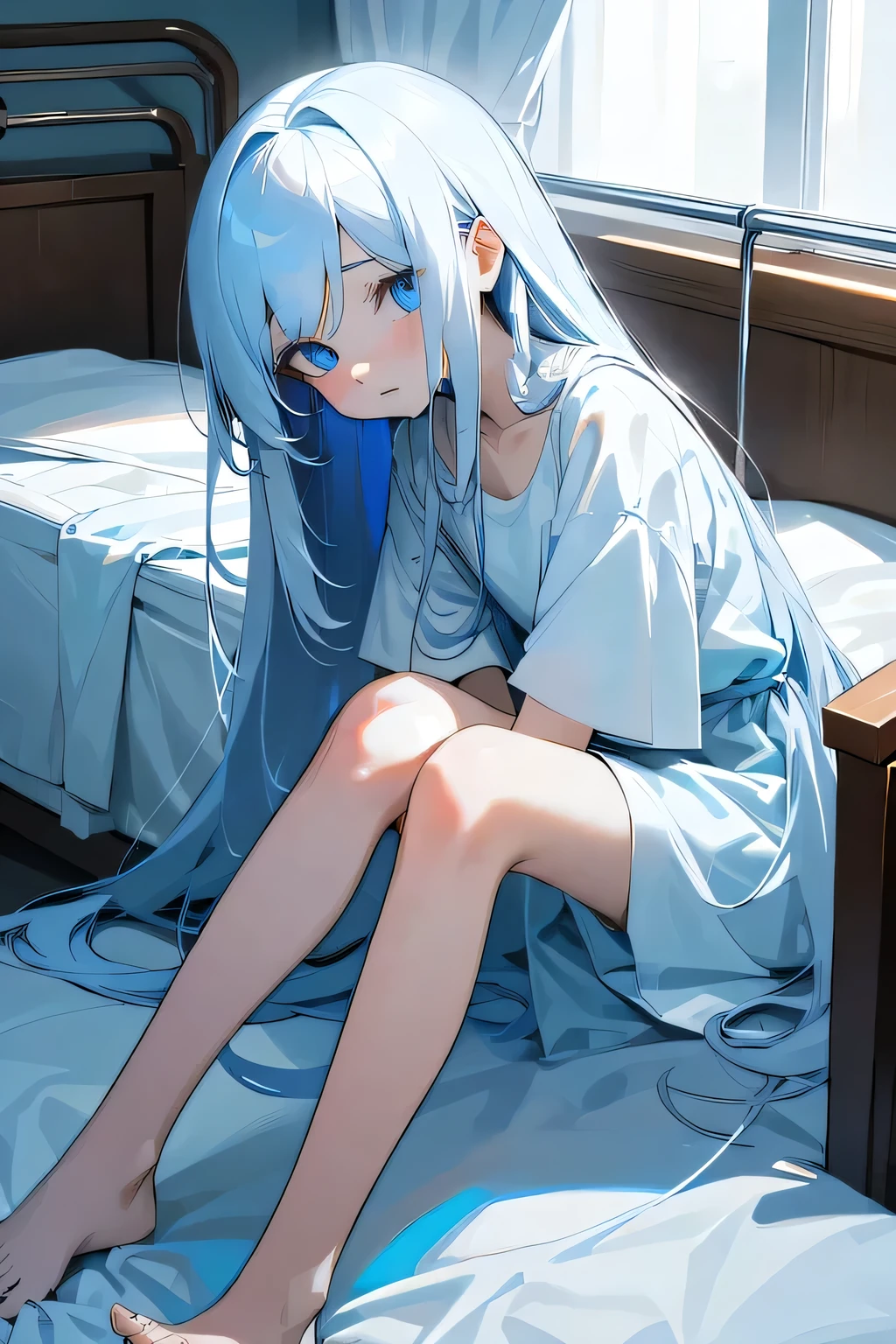 White long hair,Blue pupils,Fair skin,Very gentle,Very petite,emaciated,Small Eyes,Height 1.59 meters,Long bangs,Wearing a blue-and-white hospital gown,Paled face,Sitting on the bed,He was covered with a white quilt