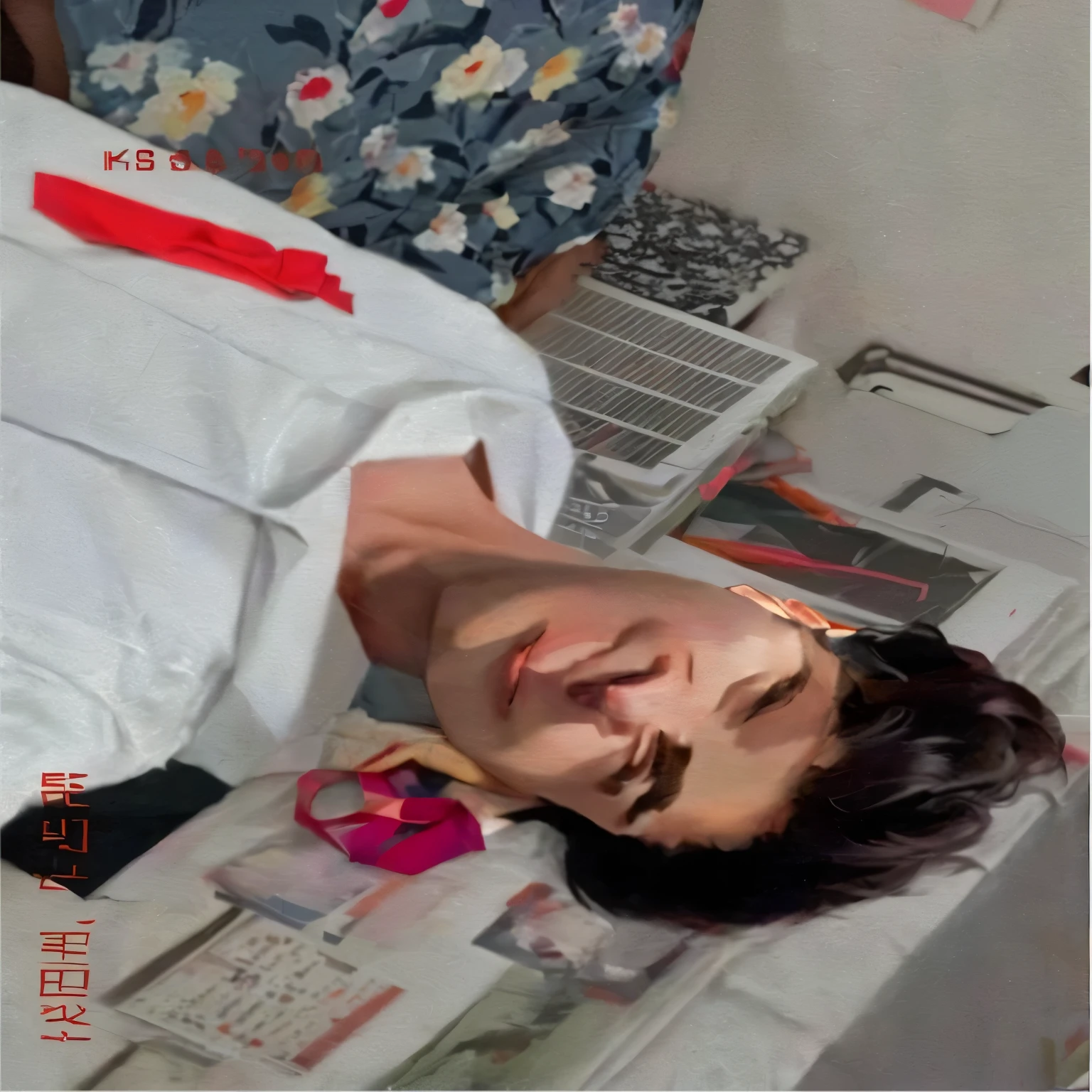there is a man laying on a bed with a red tie, very very low quality picture, profile picture, profile picture 1024px, profile pic, taken in the early 2020s, cai xukun, low quality photo, profile image, low quality photograph, taken in 2022, around 1 9 years old, very very low quality