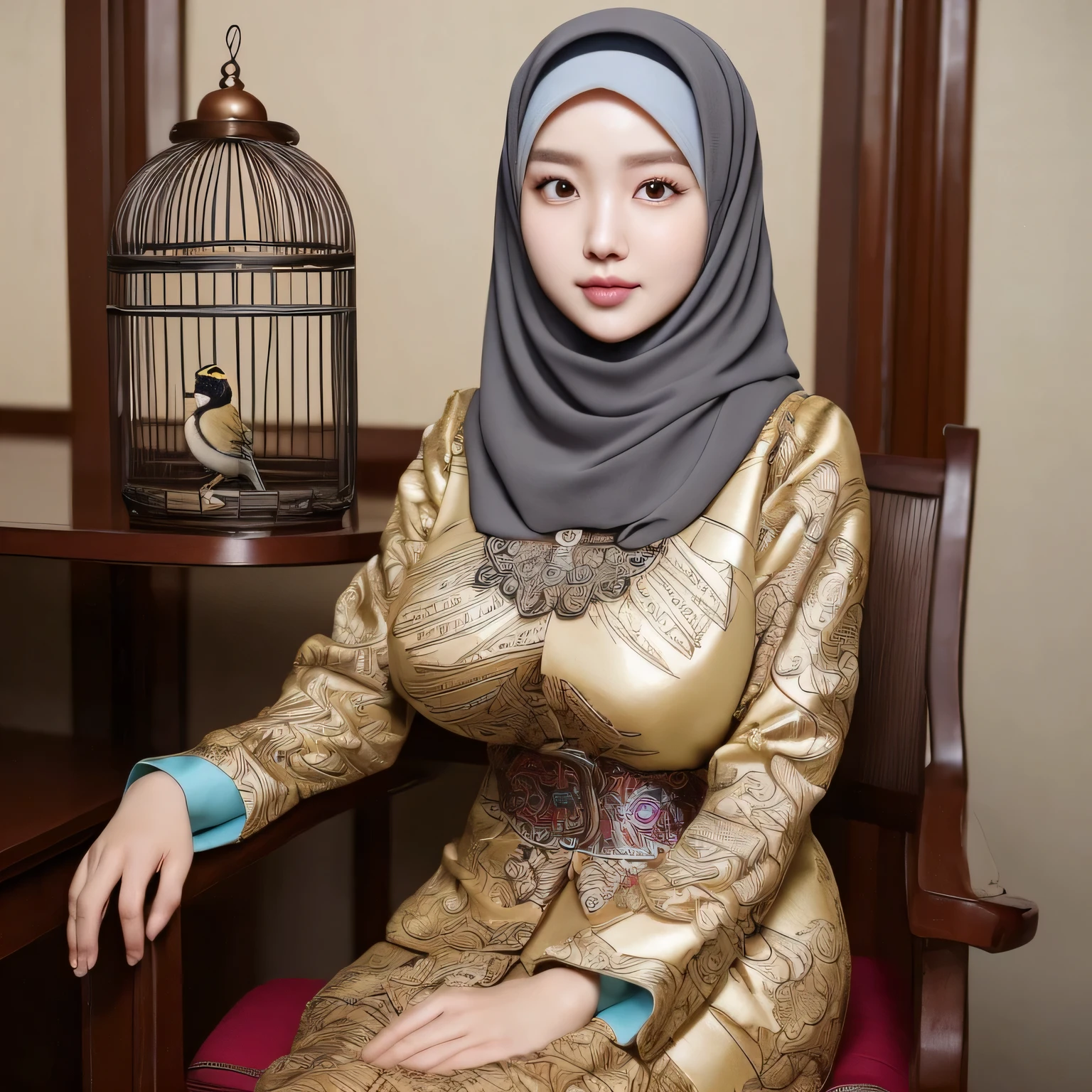 RAW, Best quality, high resolution, masterpiece: 1.3), beautiful Korean woman in hijab (iu:0.8)1beautiful Korean woman ,((big breast)),detail face,perfect yeyes, soft smile, sitting on a chair in a room with a bird cage, batik, traditional beauty, with beautiful exotic, very beautiful enga style, with lovely look, idian dress, style of ade santora, inspired by Sasha Putrya, inspired by Mym Tuma, inspired by Basuki Abdullah, wearing an ornate outfit, inspired by Shaddy Safadi