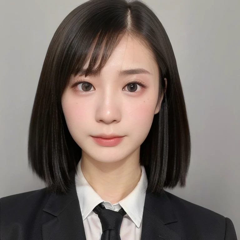 (kawaii 24 year-old Japanese girl, Nogizaka idol, Korean idol), (glossy black hair, short bob, even and symmetric hair design:1.3), (deep black eyes, rounded face, single eyelid, no makeup, serious expression:1.2), (wearing suit jacket, collared shirt, necktie:1.3), (extra small breasts:0.9), (facing straight at camera:1.2), BREAK, (simple grey background, yearbook background:1.3), (portrait, id photo, bust shot, view from straight forward:1.3), (keep enough top margin to avoid the head cropped:1.3), BREAK, (masterpiece, best quality, photo realistic, official art:1.4), (UHD, 8K quality wallpaper, high resolution, raw photo, golden ratio:1.3), (shiny skin), professional lighting, physically based rendering, award winning, (highly detailed skin, extremely detailed face and eyes), Carl Zeiss 85 mm F/1.4, depth of field, 1girl, solo,