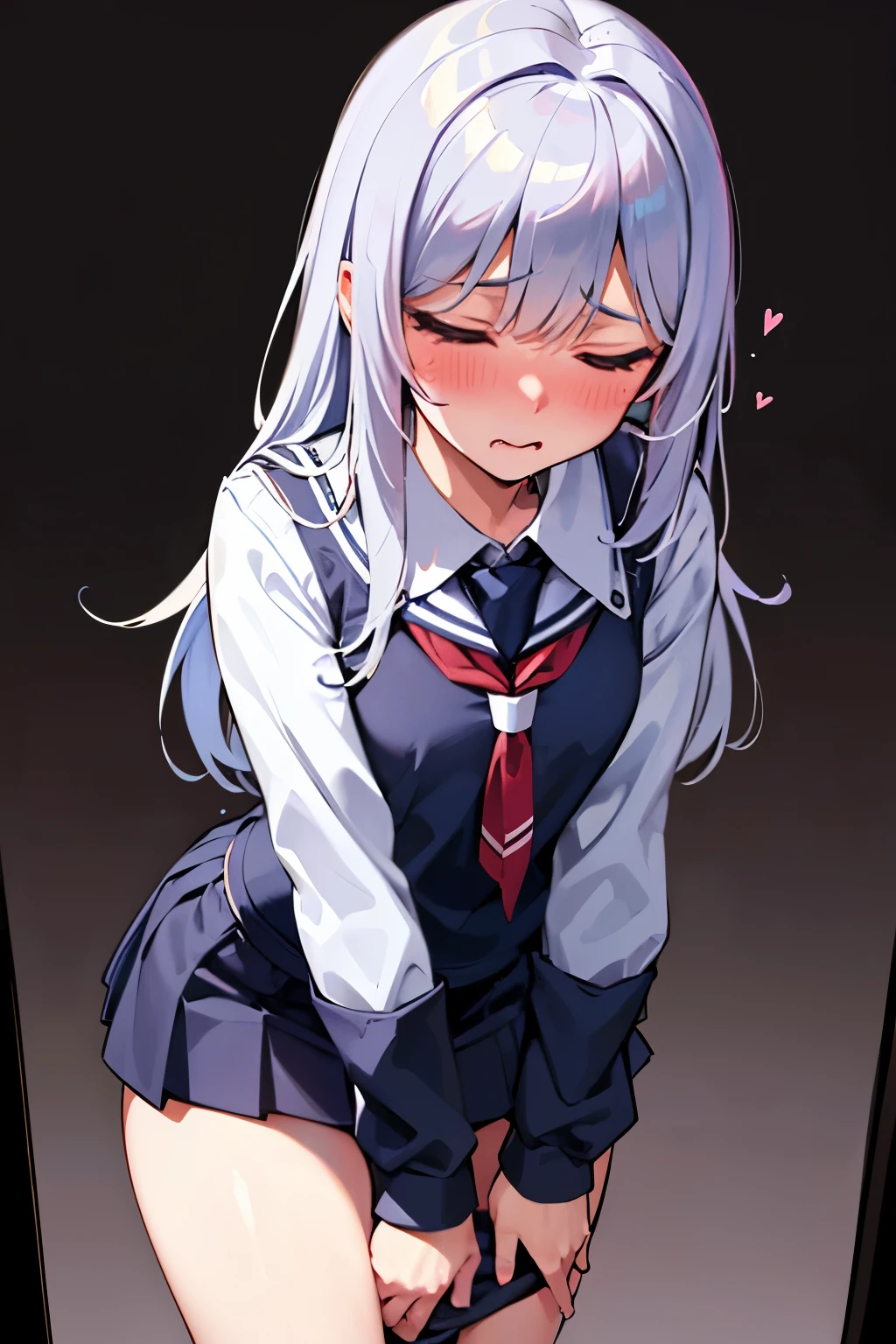 Holding in pee,superfine illustration, Perfect Anatomy, Best Quality, Hires, amazing shading, Beautiful skin, 1 , nose blush, Saliva, Ecstasy,  Close eyes, ,School Uniforms ,  Full body, Yor, touches crotch, (Rubbing the crotch with your hands:1.2),By School Classroom,The background is the classroom, suggestive pose,