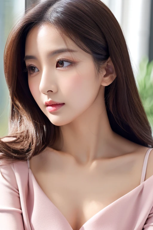 Gentle and attractive Chinese beauty, Half-body photo, Delicate and sexy collarbone, Attractive oval face, double eyelid, Bright pink eyes, Pink Lips, Small Nose, Exposing shoulders, Concentrated face, Face close-up, Ultra-high resolution, Super detailed, Elegant standing posture, Korean style puff sleeve square collar slim short shirt, Pair it with a high-waisted light-colored jeans suit.