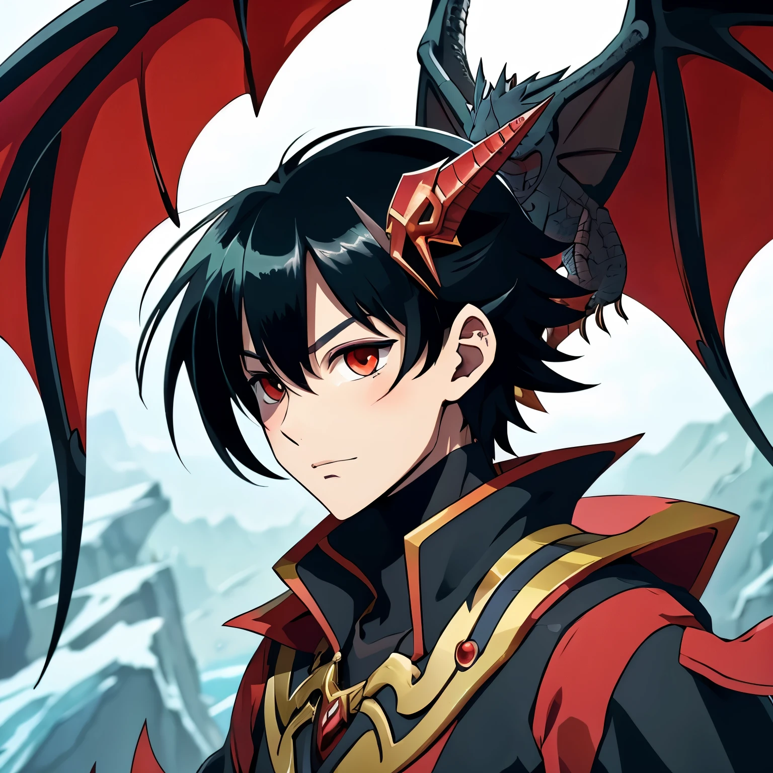 A dragon human with red and black hair and large black wings.