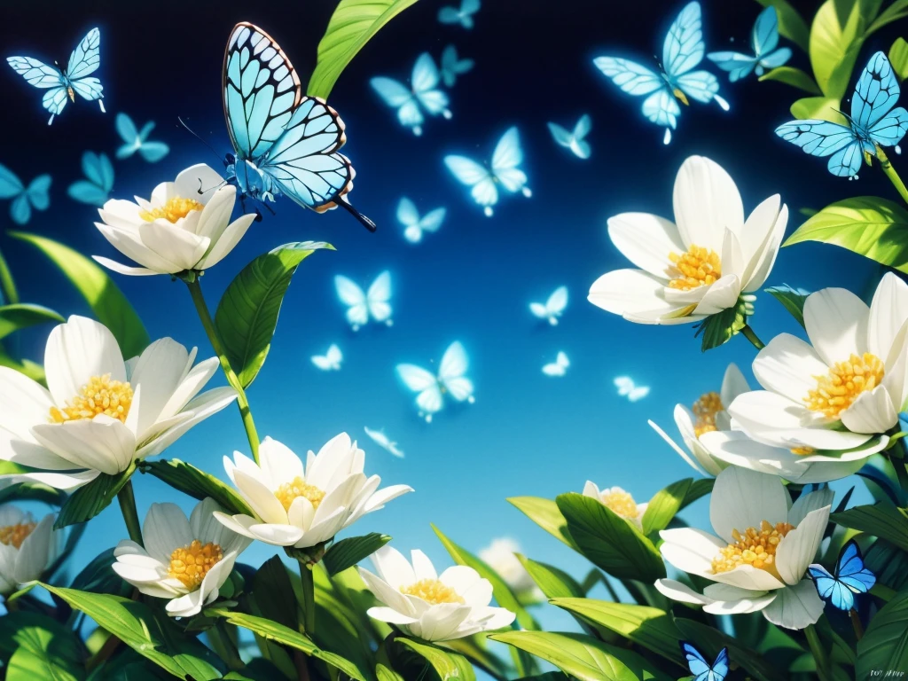 (best quality,4k,highres,masterpiece:1.2),ultra-detailed,realistic,white flowers gathering,((blue butterflies)),illustration,soft-focus bokeh,delicate petals,vibrant colors,sunlit garden,serene atmosphere,harmonious composition,macro photography.