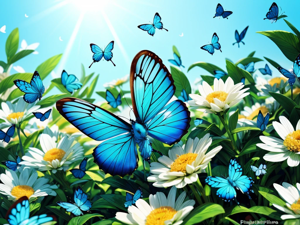 (best quality,4k,highres,masterpiece:1.2),ultra-detailed,realistic,white flowers gathering,((blue butterflies)),illustration,soft-focus bokeh,delicate petals,vibrant colors,sunlit garden,serene atmosphere,harmonious composition,macro photography.