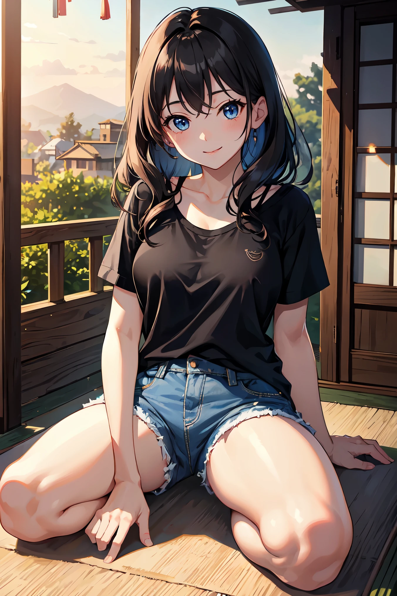 CG, Unity, 8k, wallpaper, highest quality,sunlight、Perfect lighting、 masterpiece, haruka amami, (smile: 1.2), 1 high school girl、Black Hair、Curly Hair、Blue Eyes、Dense lips、Sit on the veranda, Black T-shirt、 BREAK denim shorts, barefoot, Thighs, Sweat, Best lighting, Complex pupil, Complex weaving, Detailed Background, Japanese countryside, evening、Sunset、wind chimes🎐、watermelon🍉