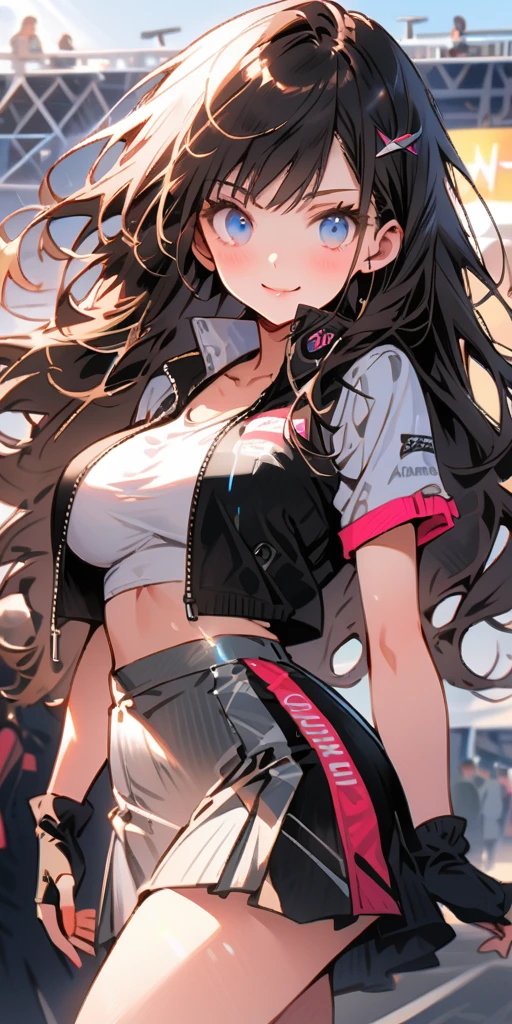 Ultra-high resolution, 1 Girl, 18 years old, (Idols:1.4), (Famous actresses :1.4), (Beautiful detailed face:1), Bangs, (Multicolor floating hair), Skin Dentition, Light makeup, (Beautiful big breasts:1.3), (Sparkling Skin:1.1), Shiny skin, Long limbs, Slim, Big Breasts:1.3, Narrow waist, Medium Hips, Thin legs, Slim太もも, Dynamic Lighting, Sexually suggestive faces, Glossy texture, Lipstick, V-shaped eyebrows, V Line Jaw, Looking at the Viewer, (Long Hair:1.3), (Perfect Face:1.4), ((Strong winds)), Flowing hair, audience, (A shy smile:1.3), blue sky, (((Monte Carlo Street Circuit))), (((Racing Car))), (((Racing Bike))), ((Promotion Girl:1.3)), ((Grid Girls:1)), Pink Lips, Light makeup, (Detailed promotional costumes are intricately worn:1.10), Lace-up boots, Short sleeves, Cropped tops, ((Short jacket:1)), (Tube Top Bra:1), Knee-high, (((Nylon short-sleeve jacket with many logos))), (Glitter long nylon pleated skirt with logo), Small Ass, ((Promotional wear with logo:1.3)), (((Shiny silver and metallic gold glitter promotional wear))), Fingerless gloves, Black Hair, Brown hair, Red Hair, Blue Eyes, Walking, audience,
