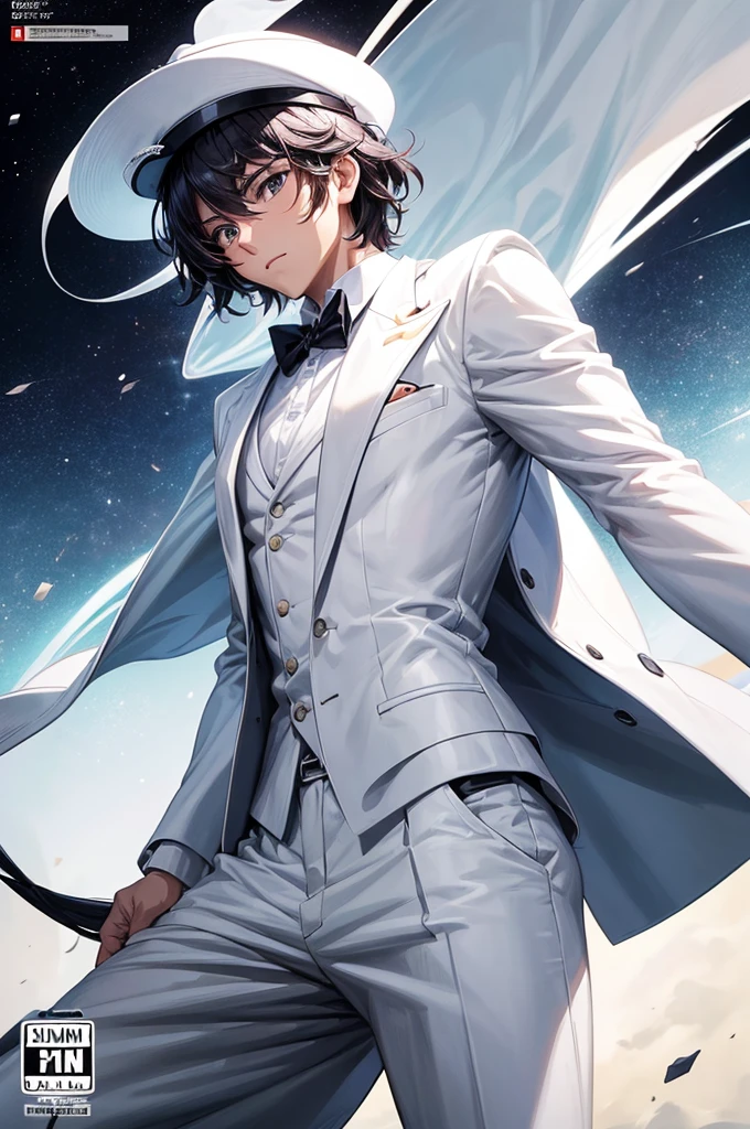 (8k resolution, best quality, masterpiece, minimalist, simplistic detail, anime) solo: 2, MuzanMale, comic cover, white tuxedo, fedora, open suit, shirt, male focus, adult, comic cover, textless, incoming punch, epic battle fantasy,