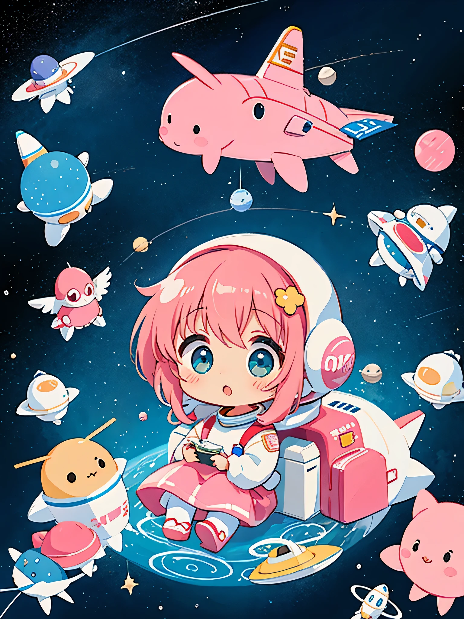 Momoko Sakura colorful style, Kawaii Design, The most beautiful girl of all time、Chibi, Space Travel, Spaceship