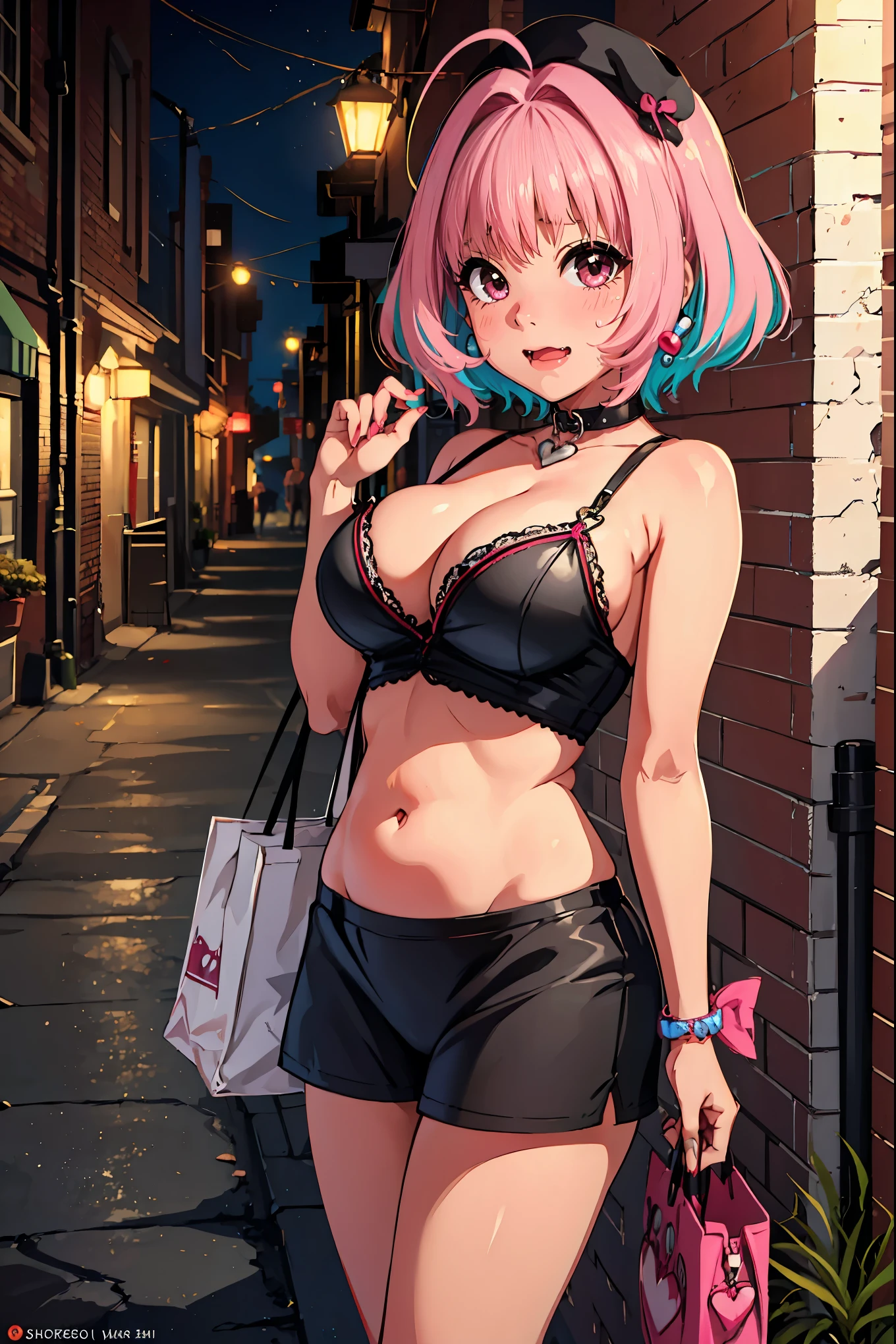 ((dead end)),((alone)),pink hair , 2 Tone_hair, 前hair, green_hair, pink_eye, short_hair, Ahoge, hair_Intake, blush,Open_mouth, big_chest, tooth, Heart symbol, clavicle, jewelry,(Very embarrassed),Close-up of face,((Black maid outfit)),かなりbig,Muchimuchi's body,Chubby,belly button,Laughter,Like the whole body,Round big,Kyle.,かなりbig,Slack,Chubby体型,Fat body,Thinness((On the street at night)),((alone)),In-store catch sale,Hide your nudity,((pretty dark alley)),Hide nakedness