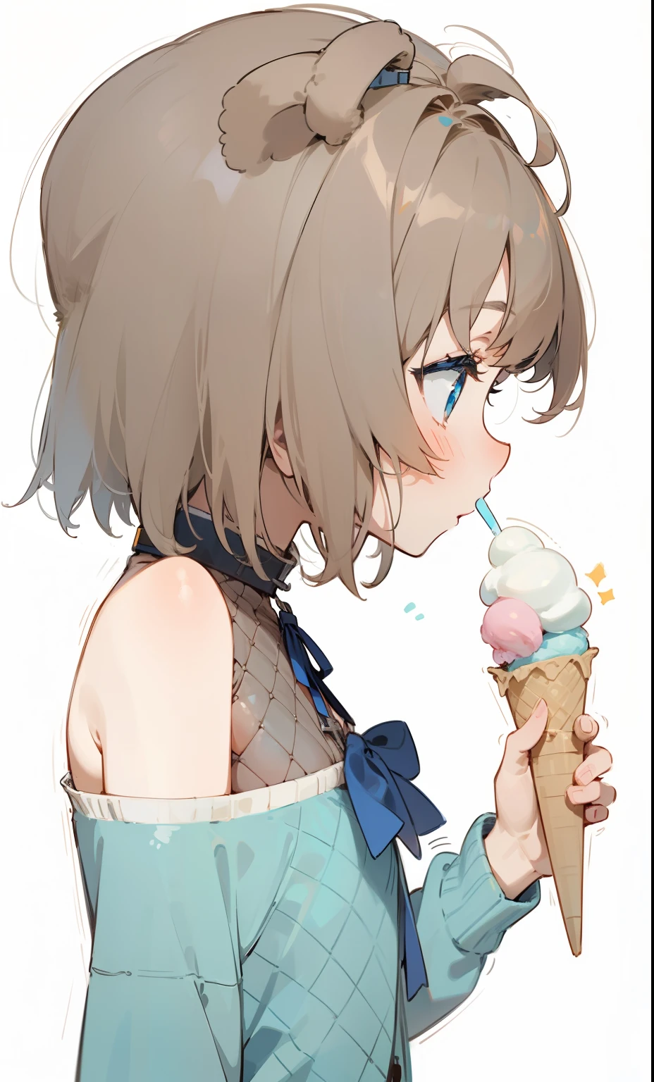 masterpiece, best quality, profile,1girl, short brown hair, blue eye, bear ear, bear hairpin, neck belt, fishnet top, green cardigan, blue ribbon, holding ice cream, ice cream, ahoge, chest ribbon