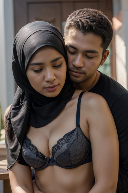 ((best quality)), ((masterpiece)), (detailed), 4K, perfect face, 30 years old malay man having discussion with 25 years old malay woman, no shirts, woman wearing hijab, man touching woman face, man with no hijab, dynamic camera