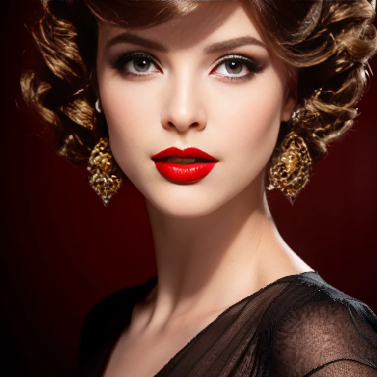 a woman with a red lipstick and a black dress, up face with 1 9 2 0 s hairstyle, gorgeous elegant attractive, glamor hairstyle, with parted lips and stunning, wide golden eyes and red lips, small and thick red lips, sexy lips :5 stylish, gorgeous and beautiful, luscious red lips, glamorous hairstyle, gorgeous attractive face, attractive and beautiful