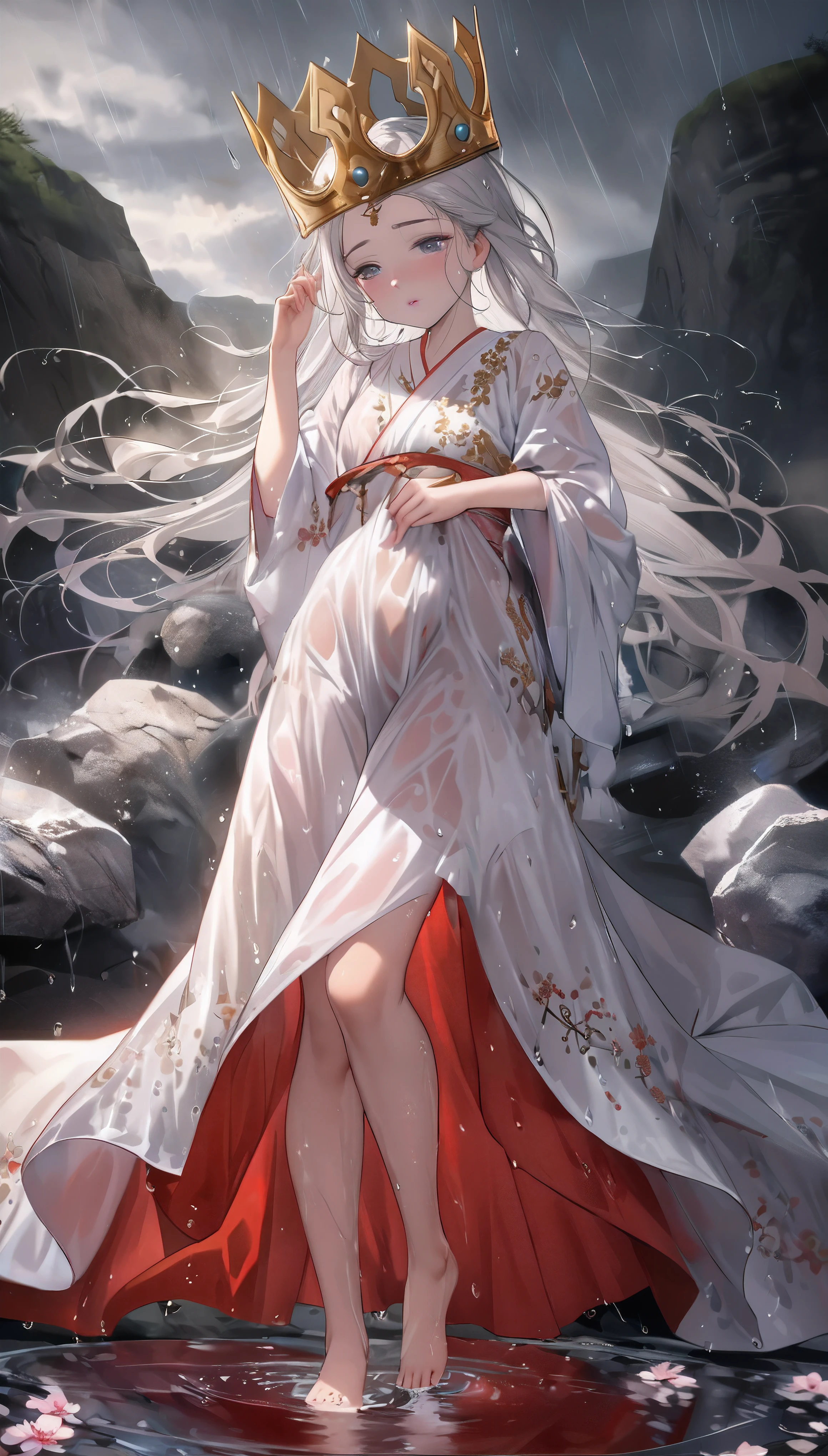 (best quality,4k,8k,highres,masterpiece:1.2), ultra-detailed, realistic:1.37, HDR, UHD, studio lighting, extremely detailed eyes and face, beautiful detailed eyes, beautiful detailed lips, long eyelashes, flowing magic robe, elegant white gown, flowing long hair, goddess with white hair, Chinese palace, girl in Hanfu, beautiful portrait, anime goddess, Guweiz-style artwork, ethereal robe, beautiful fantasy queen, majestic crown, standing in the water