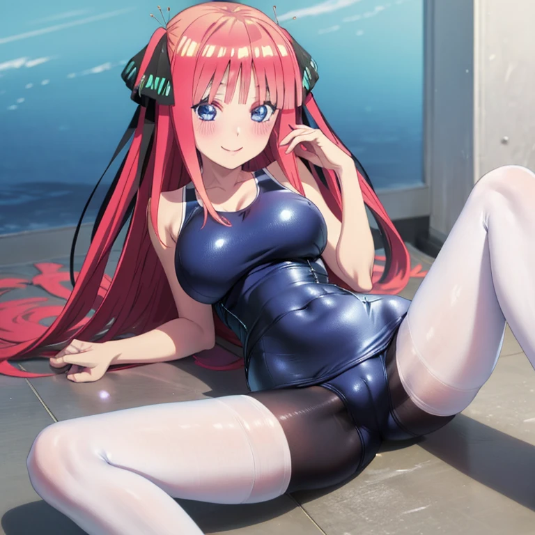 best quality, ultra-detailed masterpiece, anime art style, cute character, nino nakano, large breasts, blush, smile, one-piece swimsuit, pantyhose, open legs