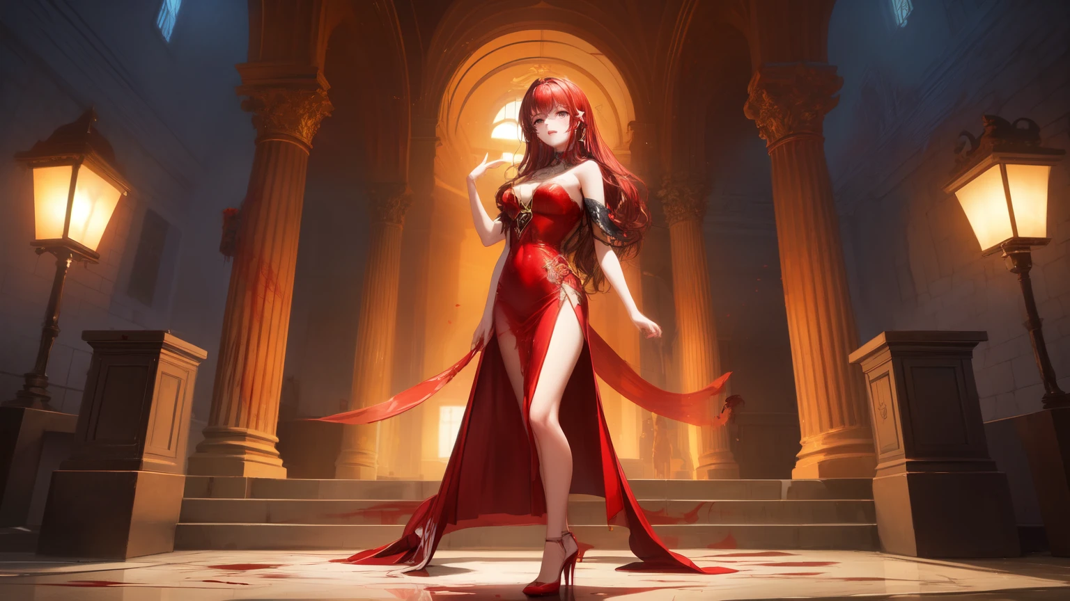 ((best quality)), ((masterpiece)), (detailed((best quality)), ((masterpiece)), (detailed的), 完美脸蛋masterpiece,Movie quality,(super fine fingers:1.6),A super beautiful ghost,(Extreme Face:1.3),Blood on the face(Wearing a red dress:1.2),(Red long hair:1.6)Straight Hair,(Red high heels 1.4)(night,Villa entrance:1.8)(Blood was flowing from the corners of the eyes to the face,Standing)