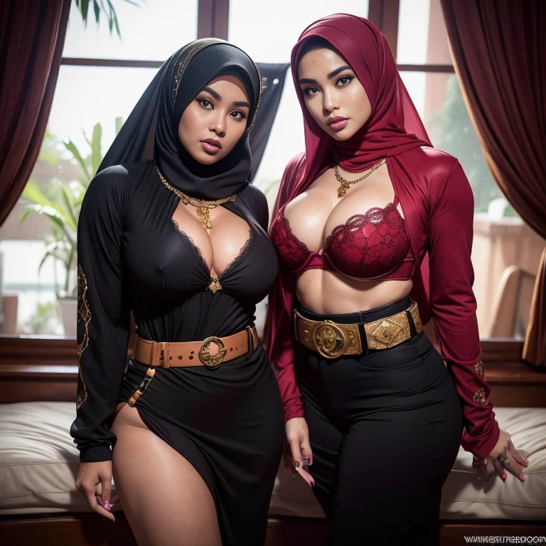 big breasts, big breasts, big breasts, two MAPAY women in lingerie posing for a picture in a room, oppai, posing together in bra, MIRA FILZAH and IMAN TAYORE, red bra, all red, oppai proportions, sexy :8, 4k], 4 k ], big breasts!, bottom angle, big breasts!!, Malay beauties, biomechanical oppai, fujita goro and jones, thicc, wearing hijab, hijab star, hijab gorgeous, hijab super model, Malaysian girls group,malay, The whole body consists of a young girl with hijab, Eye makeup, 21yo, Cat ears, Soft lighting, group, Wear shabby clothes, Dirty, Tattered futuristic bikini, Cat's paw badge, Pose, spot color, rendering by octane, Ultra-realistic intricate details, Cinematic, 8K resolution, 70mm, emphasis lighting, Global illumination, Full body portrait, clean detailed faces, Complex clothing, Cute face,  (((wearing a Sexy belt design by LV))) Surreal full-body figure, Beautiful and delicate body and face, gorgeous figure, ssmile, Titillating，Surreal full-body figure，Beautiful and detailed body and face, Super vista, White skin of the, vivd colour,🔥8k, masterpiece, RAW photo, best quality, (18k detail:1.2), photorealistic, extremely, deep shadow, earrings, bracelets, necklace,