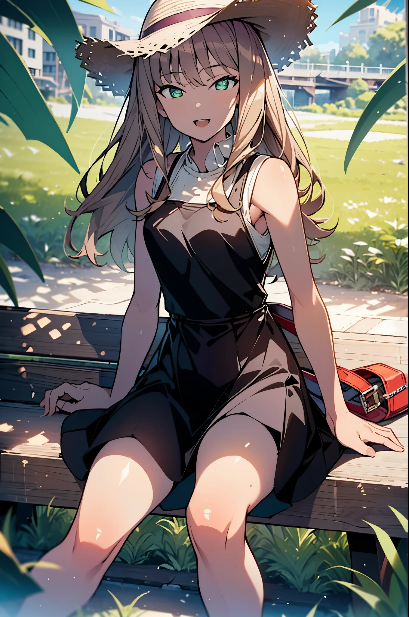 8k,highest quality,masterpiece,The seeds of a southern dream,The seeds of a southern dream sss Dynazenon,Brown Hair,Long Hair,Green Eyes,Short braided hair,happy smile, smile, Open your mouth,Big straw hat,Sleeveless dress,Bare arms,Long skirt,Cute heeled sandals,Building district,Clear skies,Daytime,sitting on a park bench,(Cowboy Shot:1. 5),(masterpiece:1.2), highest quality, High resolution, unity 8k wallpaper, (shape:0.8), (Beautiful and detailed:1.6), Highly detailed face, Perfect lighting, Highly detailed CG, (Perfect hands, Perfect Anatomy),