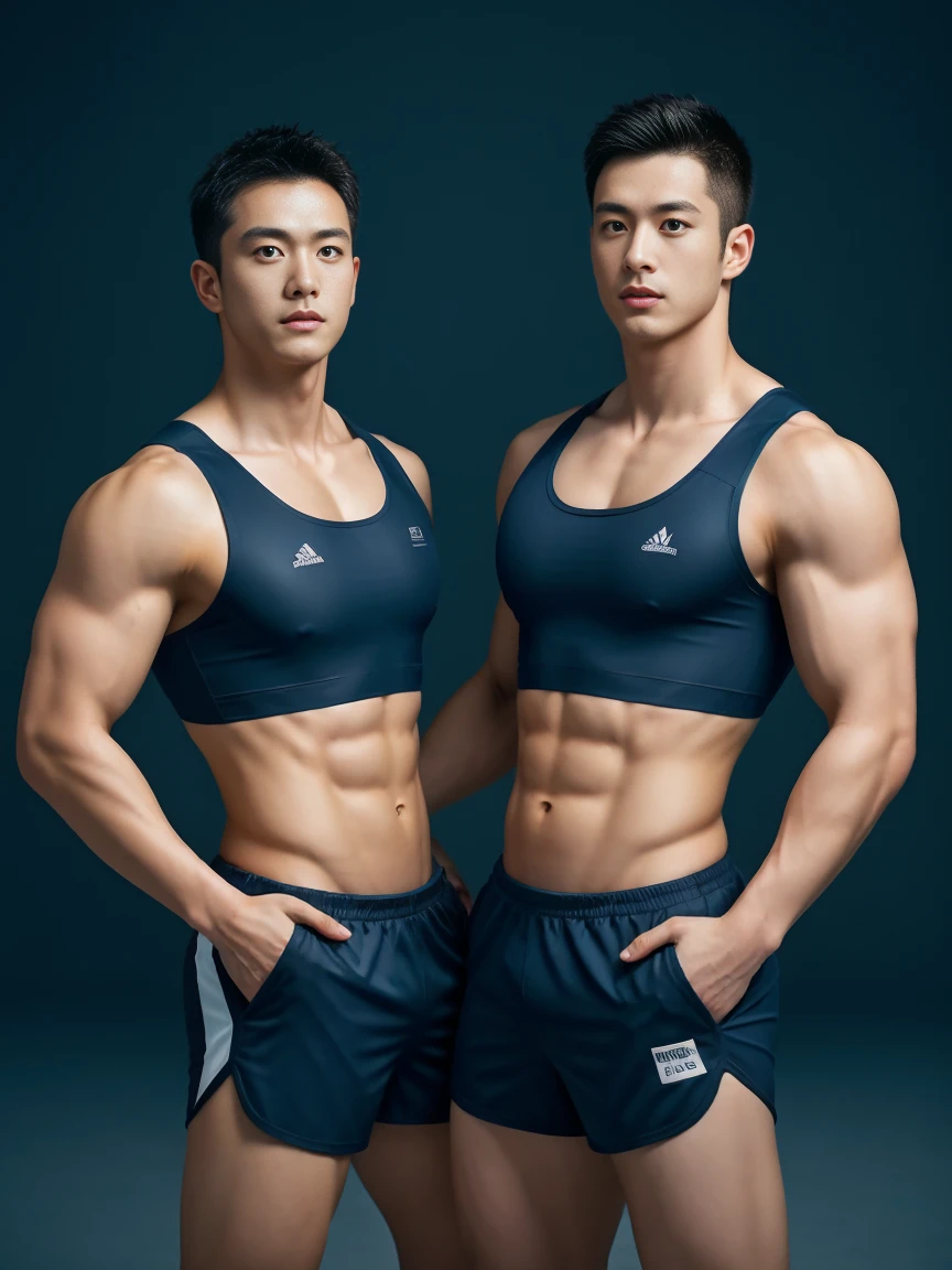 Two firefighters in their 20s，Full chest muscles，Swelling of chest muscles，Six-pack abs，Has short black hair， blue eyes，Sexy and charming expression，Wear white training clothes、Dark blue shorts, 大包Convex显亮点，Convex，high resolution, masterpiece, best quality, head:1.3,((Hasselblad Photo)), Delicate skin, Stay focused, (Movie Lighting), night, Soft Light, Dynamic Angle, [:(Delicate face:1.2):0.2],(((exercise))), kinetic, Arm muscles are big, Hands on hips.