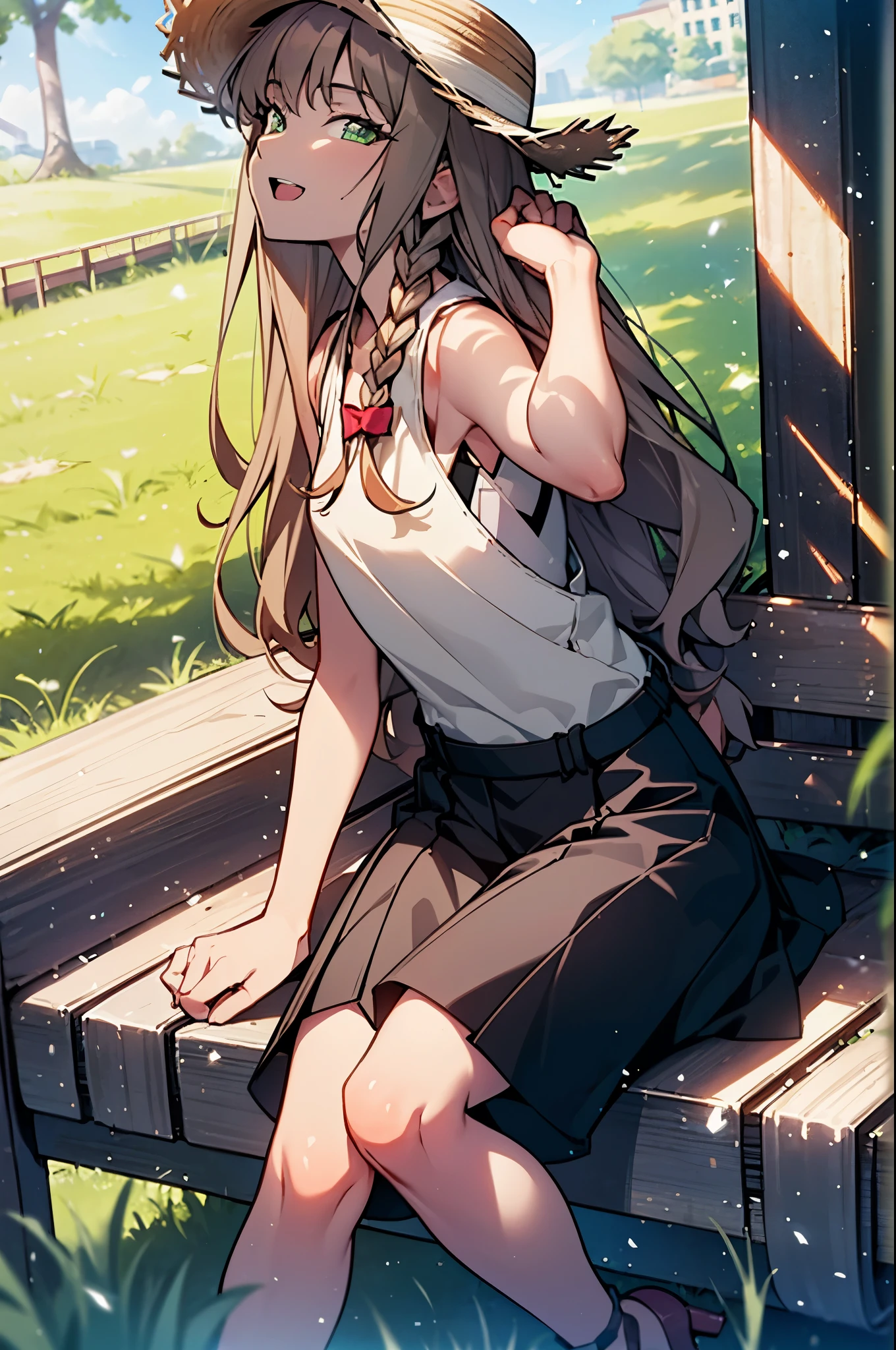 8k,highest quality,masterpiece,The seeds of a southern dream,The seeds of a southern dream　sss Dynazenon,Brown Hair,Long Hair,Green Eyes,Short braided hair,happy smile, smile, Open your mouth,Big straw hat,Sleeveless dress,Bare arms,Long skirt,Cute heeled sandals,Building district,Clear skies,Daytime,sitting on a park bench,(Cowboy Shot:1. 5),(masterpiece:1.2), highest quality, High resolution, unity 8k wallpaper, (shape:0.8), (Beautiful and detailed:1.6), Highly detailed face, Perfect lighting, Highly detailed CG, (Perfect hands, Perfect Anatomy),