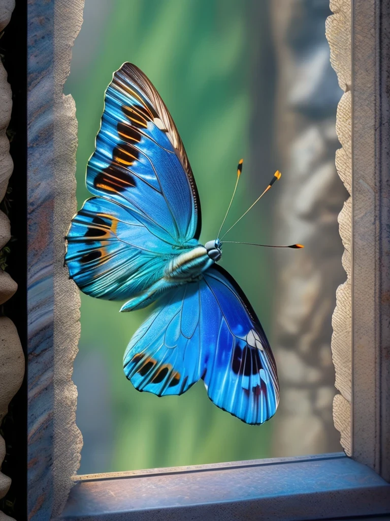 A blue-striped pine clam butterfly outside the rectangular stone window，Rhetus Periander，Close-up of the butterfly，Flying，Confined to a small space， wallpaper ，infp