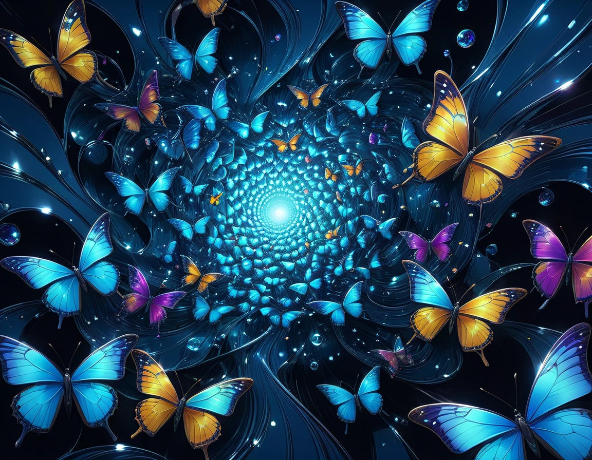 Hyperrealistic octane rendering by Philippe Vignal captures glass blue butterflies and convex objects intermingling among fractal planes with multi-colored spirals and metal reflectors, radiating subtle colored light in Miki Asai-inspired macro optics style, outer space with a super highway theme, vanishing point, high-speed feel, trending on ArtStation, ultra HD, vivid colors, digital render, digital painting, influences of Beeple, High Resolution, High Quality, Masterpiece