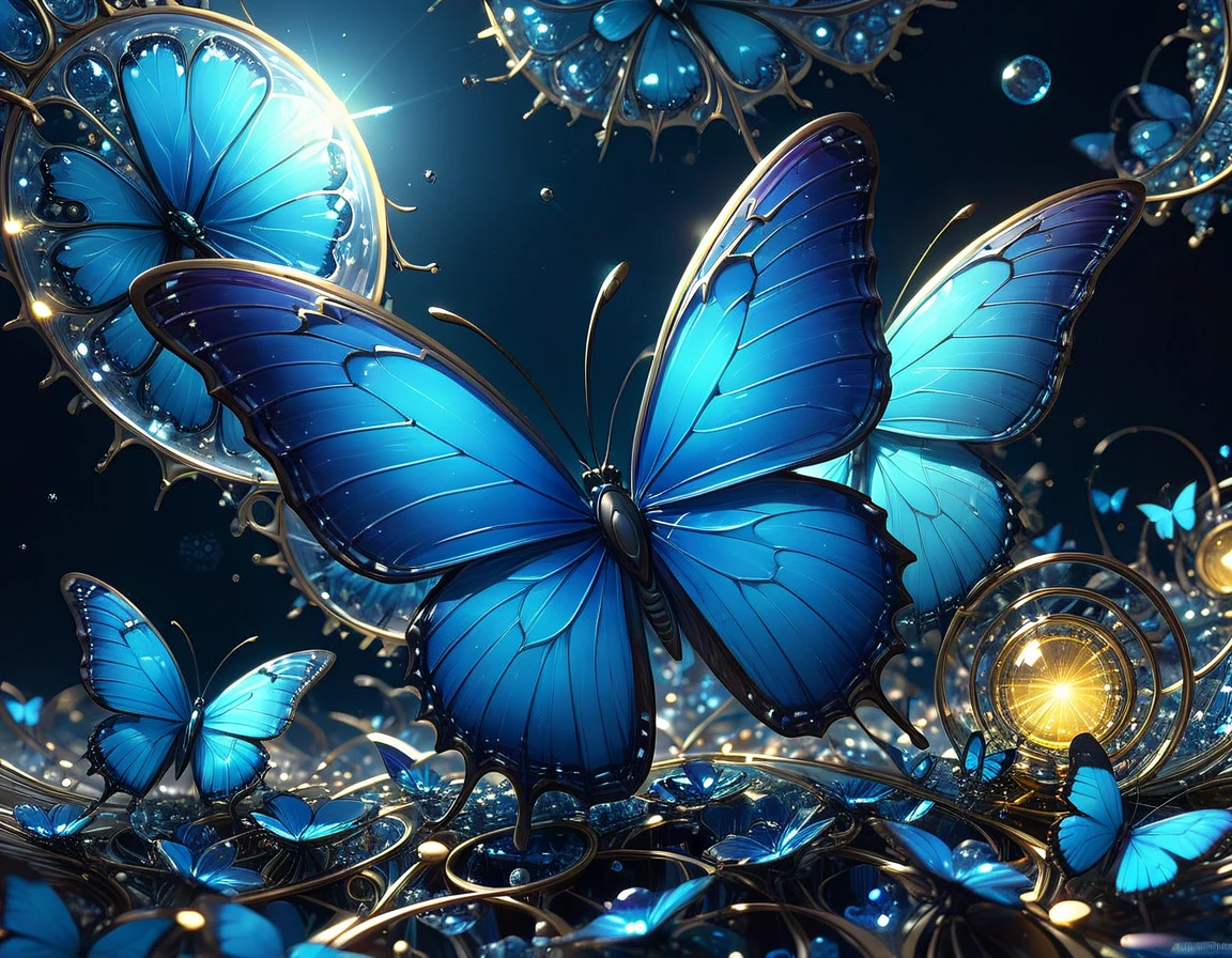 Hyperrealistic octane rendering by Philippe Vignal captures glass blue butterflies and convex objects intermingling among fractal planes with multi-colored spirals and metal reflectors, radiating subtle colored light in Miki Asai-inspired macro optics style, outer space with a super highway theme, vanishing point, high-speed feel, trending on ArtStation, ultra HD, vivid colors, digital render, digital painting, influences of Beeple, High Resolution, High Quality, Masterpiece