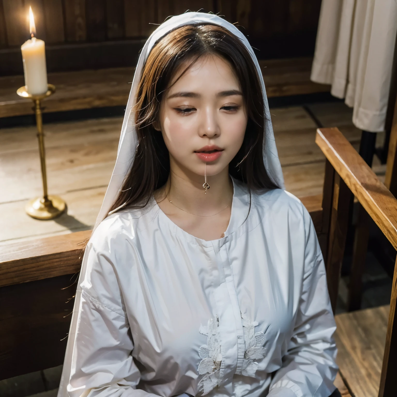 (highest quality、4k、8k、High Resolution、Masterpiece: 1.2)、(Real、Photorealistic、Photorealistic: 1.37)、HDR、UHD、Studio Lighting、Ultra-detailed Paint、Sharp Focus、Physically Based Rendering、Detailed Description 、professional、Bright colors、Bokeh、Portrait、A young and very beautiful nun、Kneel and lift your face、Face the viewer、At the altar of the chapel、(Close your eyes 1.37)、(Open your mouth wide 1.47)、Shot from above、Backlight effect、warm color、The lighting is dim、Kneel and lift your faceポーズ、Sacred atmosphere、Beautiful stained glass、Exquisitely decorated statues、Serene atmosphere、Quiet space and time、The solemn presence of the altar、huge breasts、cr1r3、ora:Mary_N_RV2_150:0.7