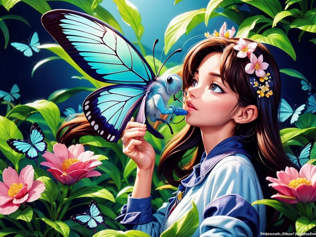 (highest quality、4K、High resolution、masterpiece:1.2)、Super detailed、Real、Blue Butterfly、Sucking nectar from flowers