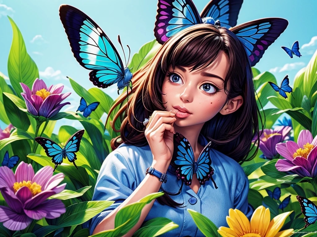 (highest quality、4K、High resolution、masterpiece:1.2)、Super detailed、Real、Blue Butterfly、Sucking nectar from flowers