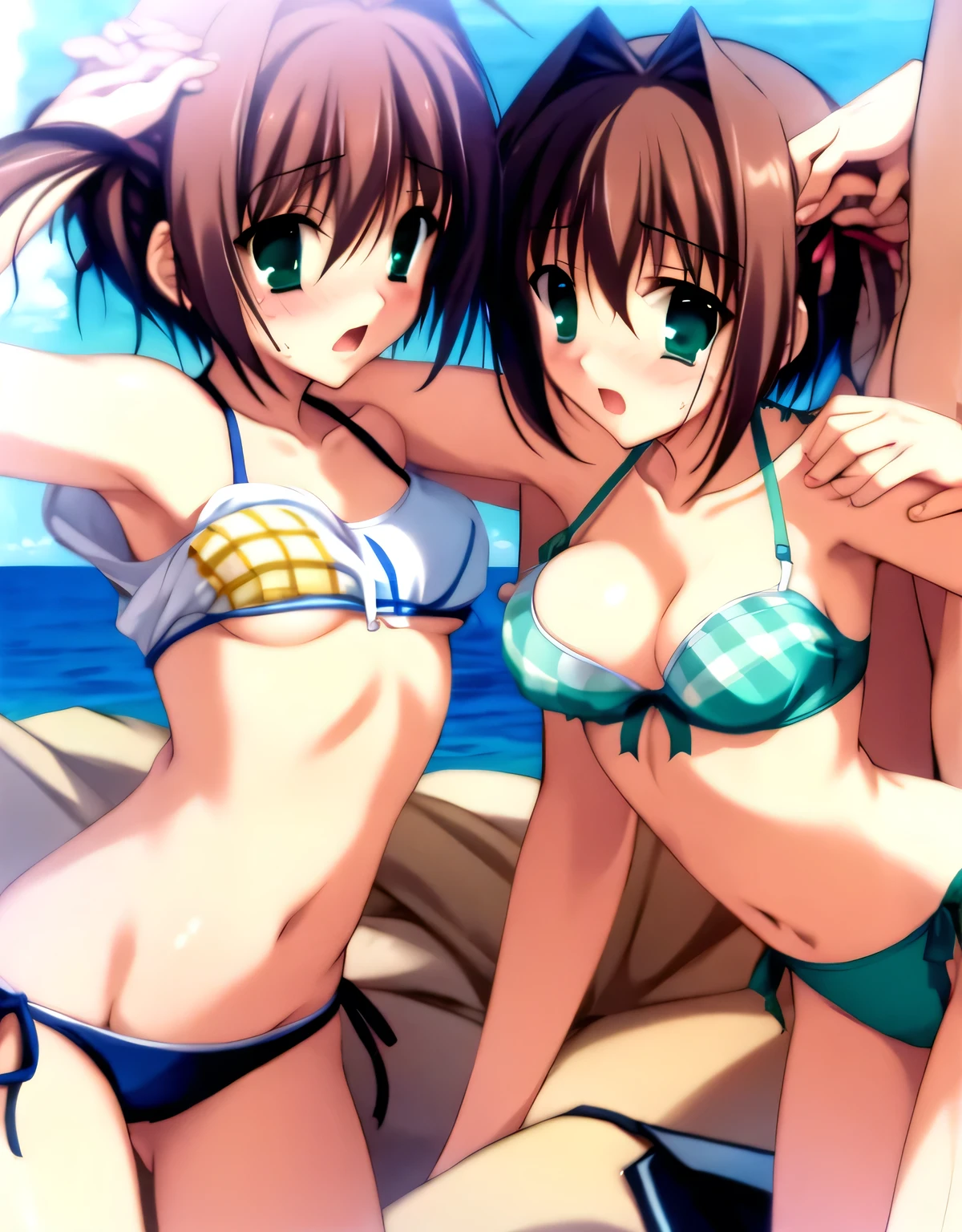 asakura_yume,((woman1people)),Brown Hair,Medium Chest,Aqua Eye,White skin,nsfw,(((Ocean))),((Multiple men)),((Are standing)),(((By Meng_Surrounded by middle-aged male molesters))),(((((((By Meng_A molester grabs my breasts))))))),blush, (surprise),Open your mouth,(((sorrow))),((((Bust up shot)))),(((((green_Swimwear))))),((bikini)),nsfw,((valley)),((No bra)),(topless),(Nipples),