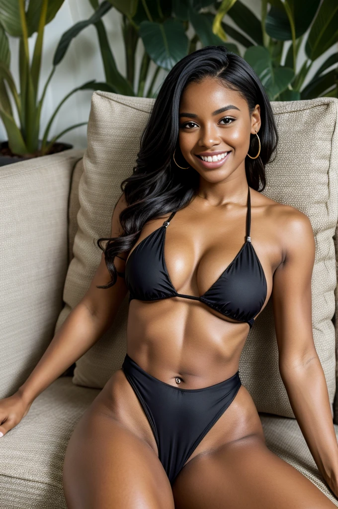 une femme latina noire mixte, in a swimsuit on a couch , plantes,jolies dents sourire, Flou d'background, Se concentrer, iPhone, selfie instagram, Grain du film, Bokeh, laser trace, dynamic lighting, tilt camera, Prise de vue de face, Reflet, (((chef-d'artwork))), ((best quality)),SNSF , ((Detailed complex)), ((Realistic)), (iPhone), perspective,trentenaire, femme mature, Very detailed, illustration, 1fille, gros seins, Beautiful detailed eyes,cheveux longs, claquer, cheveux bruns, yeux marrons, boucles d'skull ears, detailed context, Des yeux parfaits, seductive eyes,visionneuse frontale,poitrine couverte,facing the camera