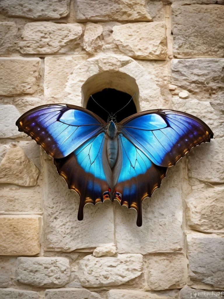 Close-up of a blue Morpho butterfly outside a rectangular stone window ，The blue butterfly is one of the most beautiful butterflies in the world，Its wings have beautiful purple、Blue and green markings，plant，Butterfly，Flying，Confined to a small space， wallpaper ，infp