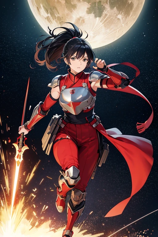 Anime Art、Full body portrait、Space SF Armored Warrior、A woman around 175cm tall, around 32 years old, wearing red armor and hakama, is running and attacking.、Bossy smile、Medium straight black hair、Arm guard、Leggers、boots、gloves、Tiger print headband、Tiger print cape