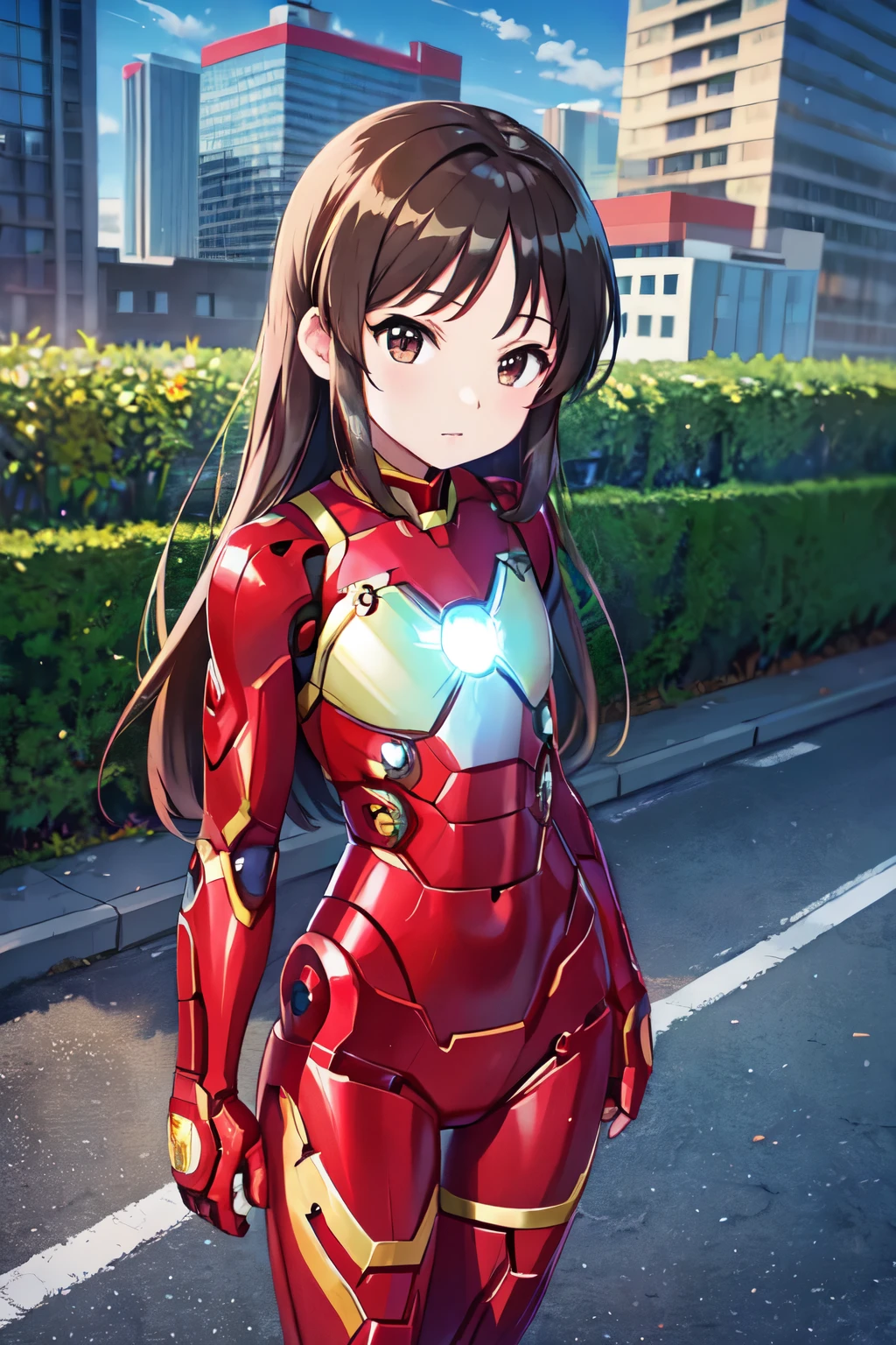 、child、Long Hair、Small bs、Small breasts、child体型、Rin々A funny expressiue ribbon、((iron man suit、))、City of night、Rooftop、Battle pose、8 year old 、Realistic body