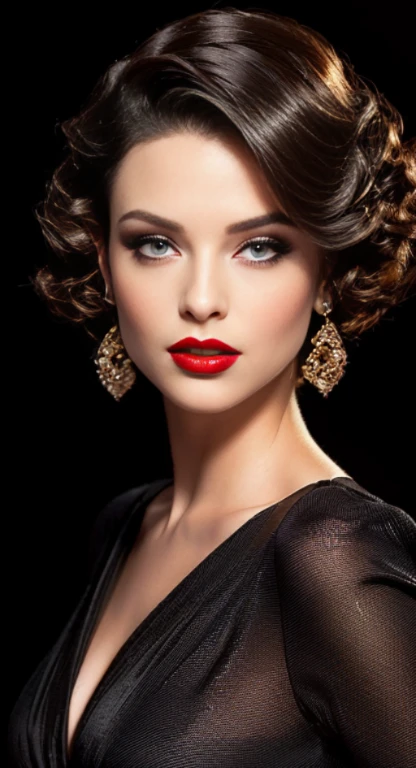 a woman with a red lipstick and a black dress, up face with 1 9 2 0 s hairstyle, gorgeous elegant attractive, glamor hairstyle, with parted lips and stunning, wide golden eyes and red lips, small and thick red lips, sexy lips :5 stylish, gorgeous and beautiful, luscious red lips, glamorous hairstyle, gorgeous attractive face, attractive and beautiful