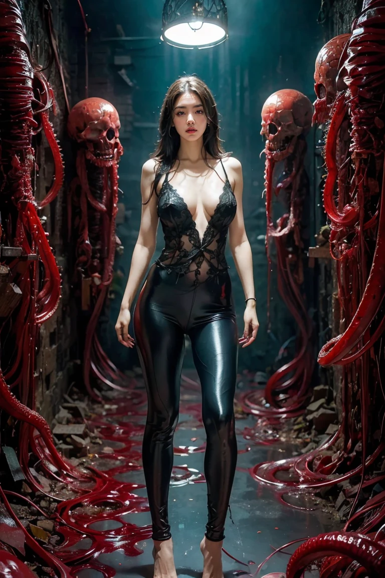(masterpiece, best quality:1.2),solo,Anatomically correct,1beautiful girl, long hair,smile,barefoot,lace bodysuit, shiny leggings, blush,breasts,cleavage,crossed legs,large breasts,leg tattoo,lips,lipstick mark,long hair,smile,toenail polish,toenails,) standing,trample,couple,femdom,hetero,incest,profanity,rape,newhalf,(rich background, film shooting, depth of field, Super visual, The art of HR Giger and Beksinski comes together in this detail, Grim, skeletons:1.5,Flowing saliva:1.5,Bare brains on the wall,beauitful , mucus:1.5,Pepperoni:2,A large number of homogeneous species:1.5,SPR:1.5,Psychedelic background,Dark horror scene. Sharp images, Use edge lights to render at 8K resolution, It shows a terrifying environment full of Lovecraft's tentacles,They twist and pulsate in neon lights. HDR lighting creates complex and detailed shadows on a distorted background, Mutant humanoid. Distorts the environmental structure due to glitch and distortion effects, Surreal and dreamlike elements,Such as a floating inverted structures and decaying flesh,Create a feeling of disturbing and disorientation. Religious and mystical symbols are scattered against an intricate backdrop,Add a touch of supernatural horror to this already insanely terrifying masterpiece,),femdom,ezh