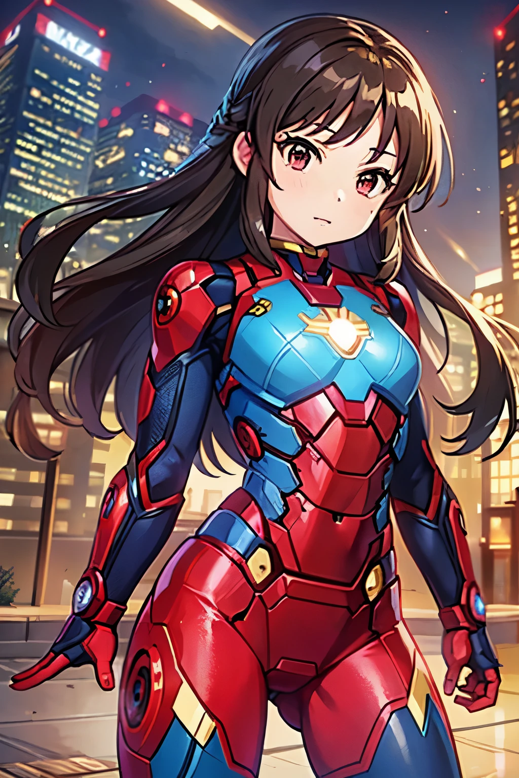 Primary school students、child、Long Hair、Small breasts、Small breasts、child体型、Rin々A funny expression、Blue ribbon、((damaged iron man suit、Her breasts are protruding、Crotch crack))、City of night、Rooftop、Battle pose、8 year old 、Realistic body