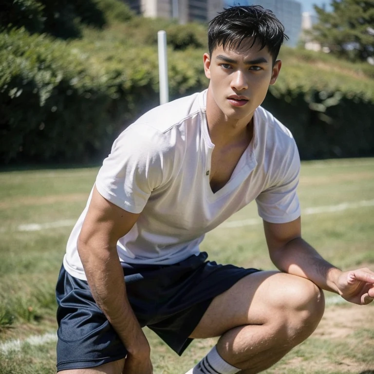 Boy on rugby field，sweat leggs，Photos during exercise，Rugby costume masculine，Exquisite facial features，virile，musculature，rich facial detailThe crotch is raised , closeup cleavage , sexy , NSFW. ,eroticism ， wearing fishnet ， standing