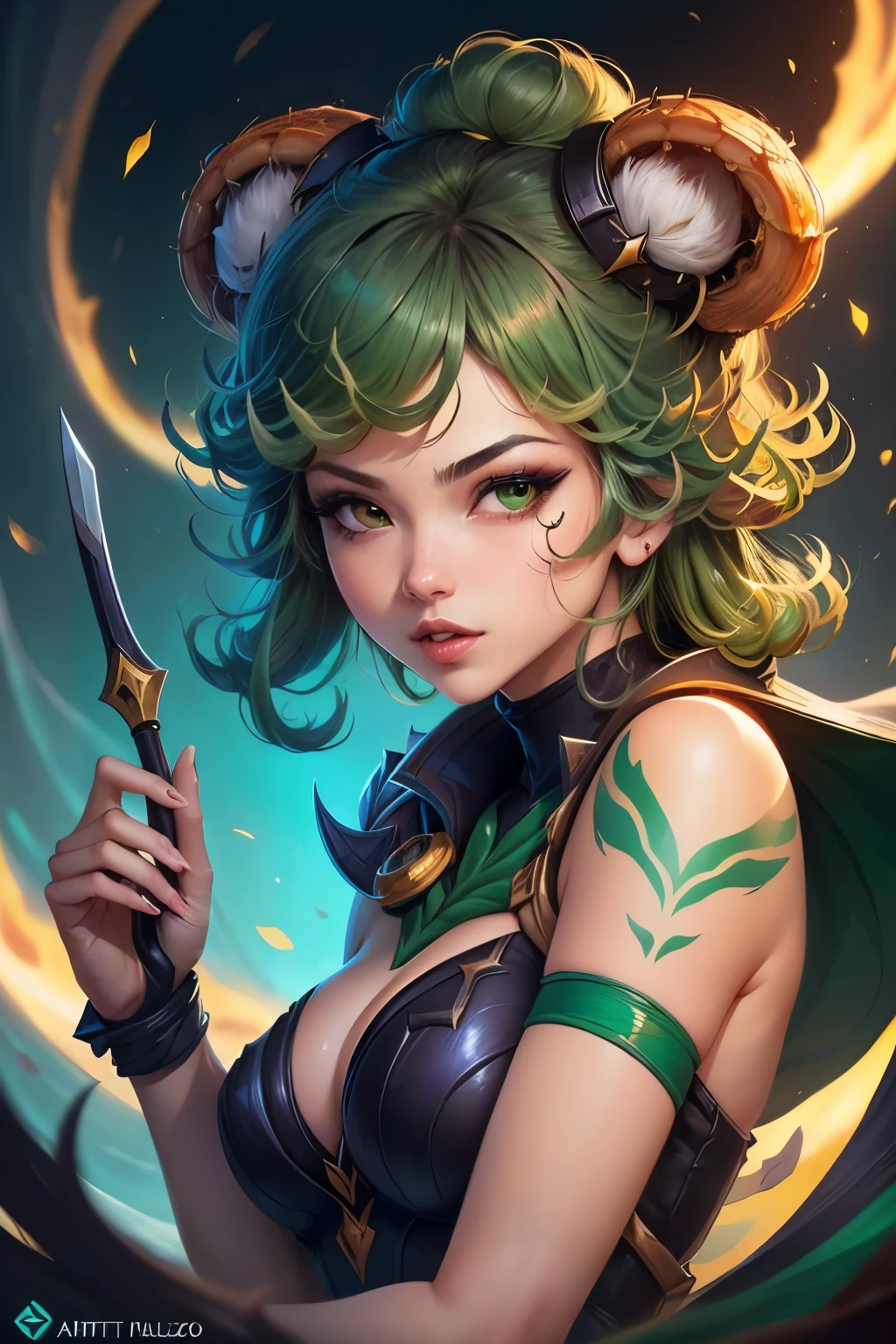 ((mejor calidad)), ((Obra maestra)), (detallado), mujer con cabello verde, sosteniendo una espada, (inspirado en artgerm:1.2), (ganador del concurso pixiv:1.1), (diosa pulpo:1.3), (Crazy art style:1.2), retrato de primer plano, calavera de diosa, (Senna de League of Legends:1.1), (Tatsumaki con pelo rizado verde.:1.2), Card game illustration, cepillo grueso, Fondo de pantalla animado HD, (Akali de Liga de Leyendas:1.1), 8k resolution