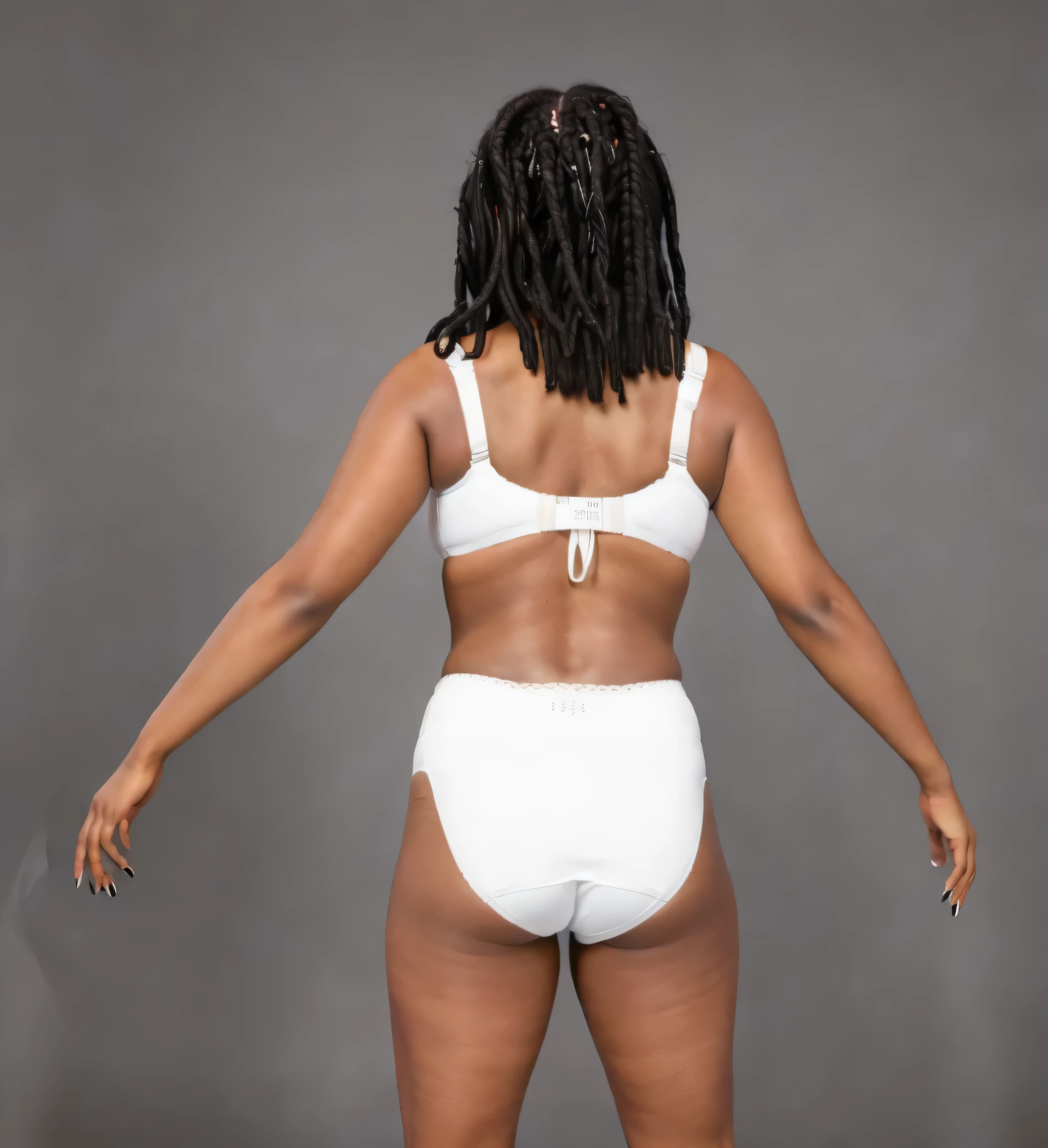 ((masterpiece, best quality)), ((30 year old)), (((Curvy))), ((Black woman with long black braids)), in ((white cotton high cut panties)), ((white sports bra)), ((wide hips)), (standing in front of a grey screen), black fingernails, (back towards the camera), (((photo realistic)))