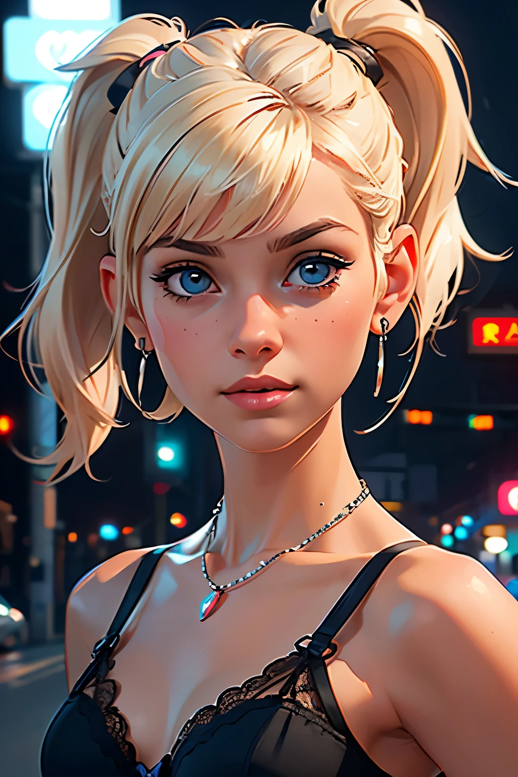 (best quality,4k,highres,ultra-detailed,realistic:1.2), a young girl, small breasts,short blond  hair with a pigtail and bangs,  flat abs, black lace bra, earrings , necklace out in the street at night, neon lights and advertising, close-up portrait 