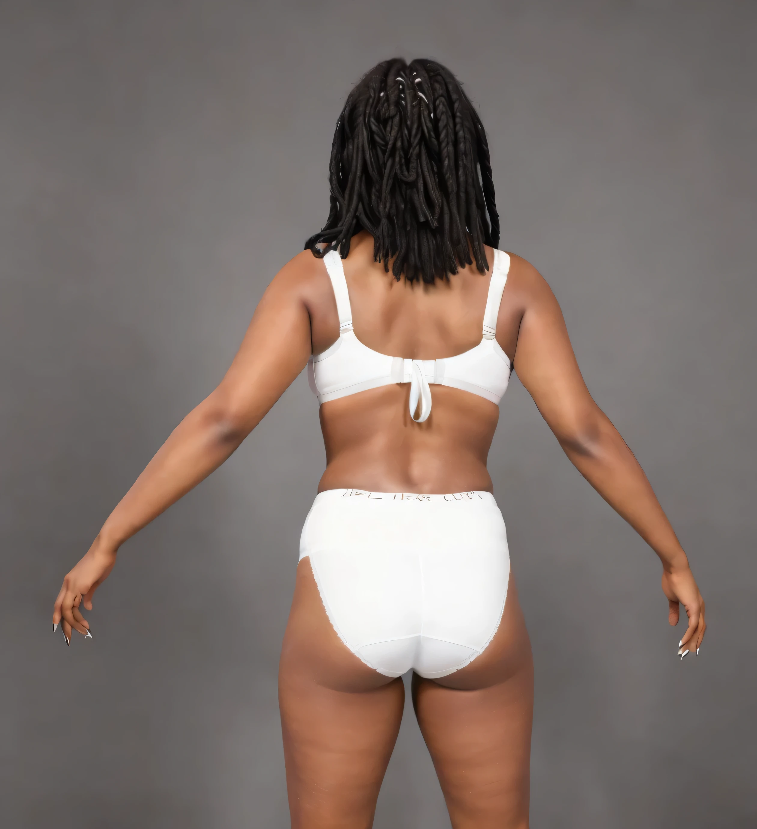 ((masterpiece, best quality)), ((30 year old)), (((Curvy))), ((Black woman with long black braids)), in ((white cotton high cut panties)), ((white sports bra)), ((wide hips)), (standing in front of a grey screen), black fingernails, (back towards the camera), (((photo realistic)))